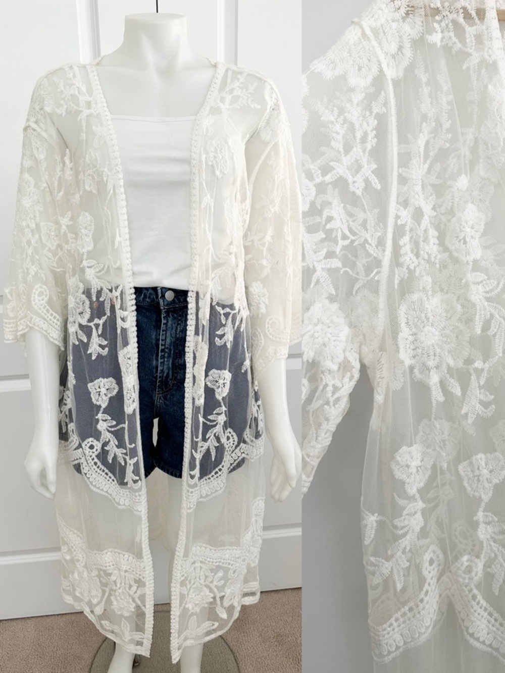 Shiraleah Chicago White /Ivory Floral Embroidered Lace Sheer Maxi Kimono/Coverup